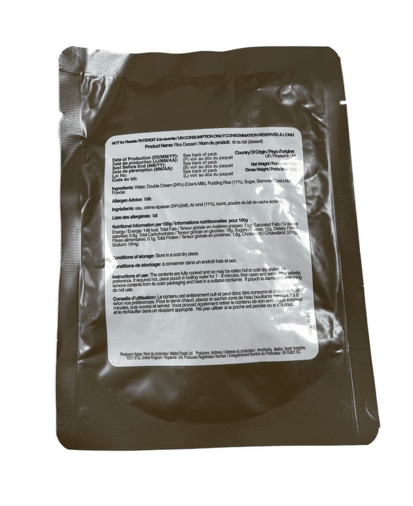 British Army Rice Pudding Ration Pack Meal Pouch - 150g