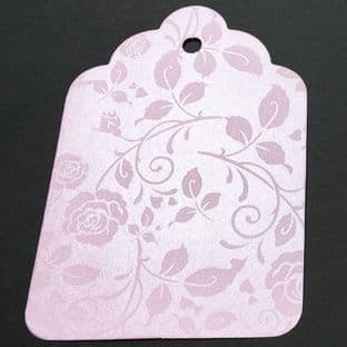 10 Scalloped Tags Pearlescent Pink Floral Embossed Card 12 x 8cm