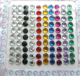 100 Self Adhesive Assorted Round Gems / Jewels 4mm