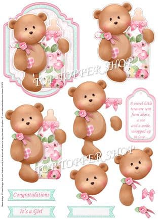 Baby Girl Bear & Bottle Topper & Decoupage Cardmaking printed sheet