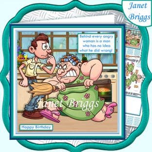 BEHIND EVERY ANGRY WOMAN Humorous 7.5 Decoupage Card Kit digital download