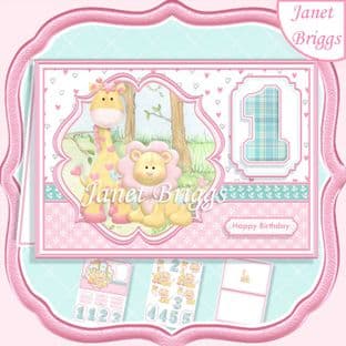 BIRTHDAY AGES 1 TO 5 GIRL Lion & Giraffe A5 Decoupage Card Kit digital download