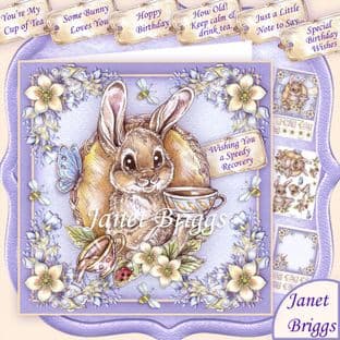 BUNNIES CUP OF TEA All Occasions Decoupage Card Kit digital download