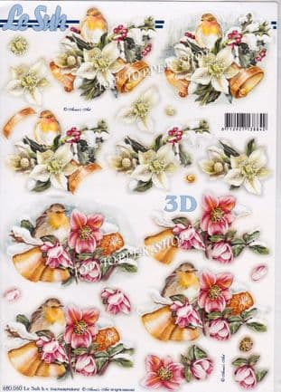 Christmas Robin Bells & Florals A4 Die Cut Decoupage Sheet Le Suh 680.060