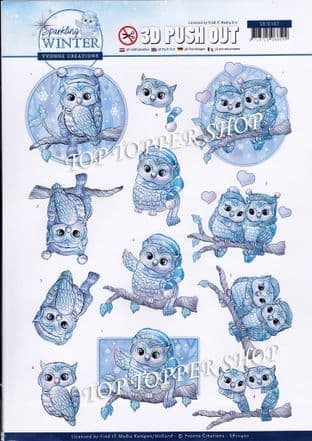 Christmas Sparkling Winter Owls A4 Die Cut Decoupage Sheet Yvonne Creations Push Out SB10402