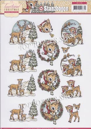 Christmas Traditional Christmas Deer A4 Die Cut Decoupage Sheet Yvonne Creations Push Out SB10106