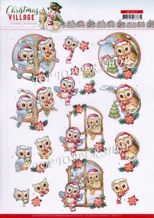 Christmas Village Owls A4 Die Cut Decoupage Sheet Yvonne Creations Push Out SB10475