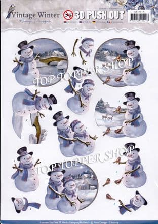 Christmas Vintage Winter Snowman A4 Die Cut Decoupage Sheet Yvonne Creations Push Out SB10214