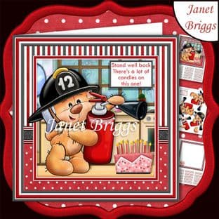 FIREBEAR STAND WELL BACK 7.5 Humorous Birthday Decoupage  Card Kit digital download