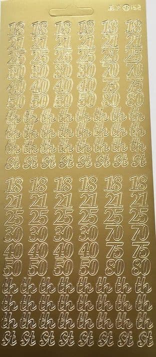 Numbers / Ages 18 21 25 50 etc. Gold Peel Off Stickers JeJe 152