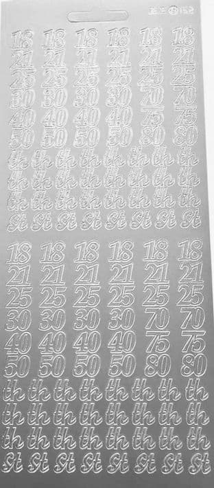 Numbers / Ages 18 21 25 50 etc. Silver Peel Off Stickers JeJe 152
