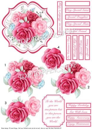 Pink Roses Spray Card Topper & Decoupage printed sheet