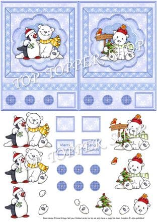 POLAR PALS 2 A6 Christmas Cards with Decoupage printed sheet 333