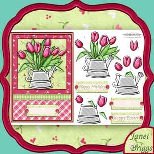 TULIPS IN WATERING CAN Topper & Decoupage printed sheet 427sb