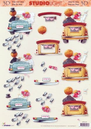 Wedding Bride & Groom in Car Decoupage Sheet Studio Light  0439
