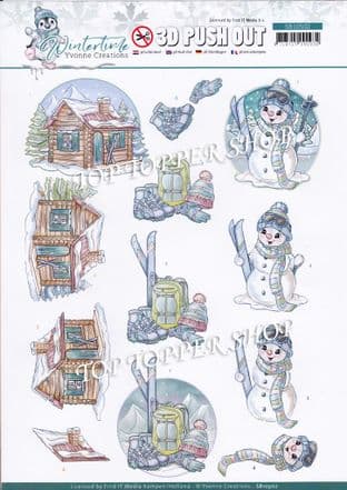 Wintertime Snowman skiing A4 Die Cut Decoupage Sheet Yvonne Creations Push Out SB10502