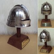 Miniature Sallet Helmet On Wooden Display Stand