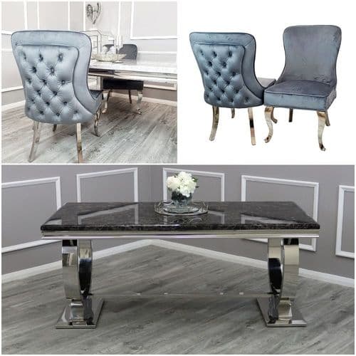 Arianna Black Marble Dining Table & Dark Grey  Sandringham Chairs - Available in 180 & 200cms