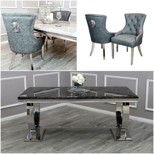 Arianna Black Marble Dining Table & Grey Leather Look Lionhead Chairs - Available in 180cms & 200cms