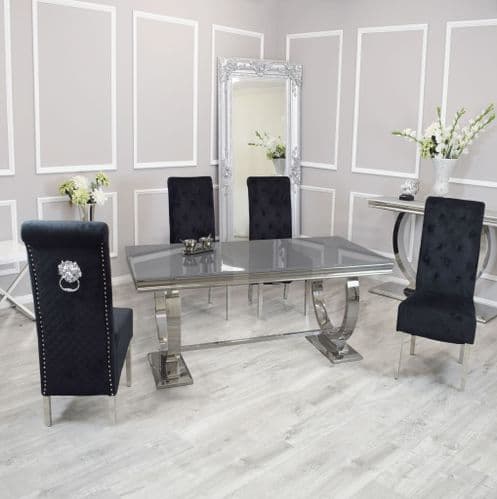 Arianna  Grey 180cms Glass Dining Table & Black  Laurie Lionhead Chairs