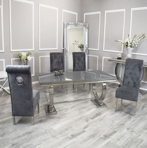 Arianna  Grey 180cms Glass Dining Table & Grey Laurie Lionhead Chairs