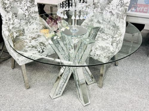 Crushed Diamonds Mirrored Round Dining Table With Glass Top