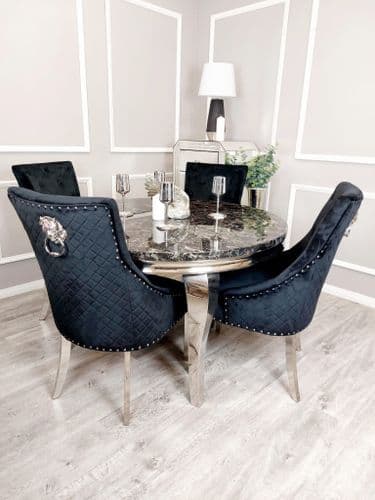 Louis Black 130cms Round Marble Table & Black Lion Head Chairs