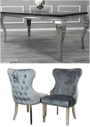 Louis Black Marble Dining Table &  Chelsea Grey Lion Head Chairs- 150, 180 & 200cms