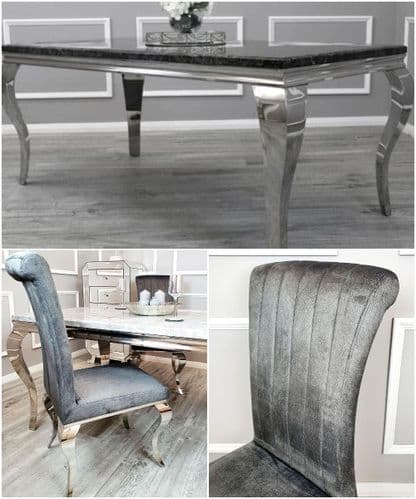Louis Black Marble Dining Table & Dark Grey Velvet Chairs - 150, 180 & 200cms