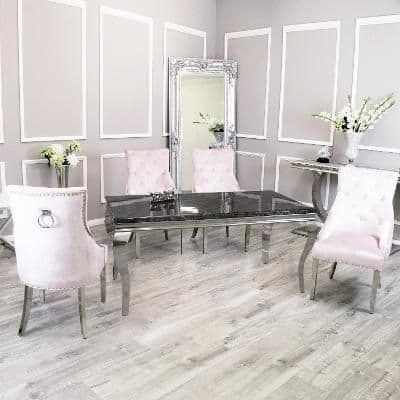Louis Black  Marble Dining Table & Pink Knockerback Chairs - Available in 150, 180 & 200cms