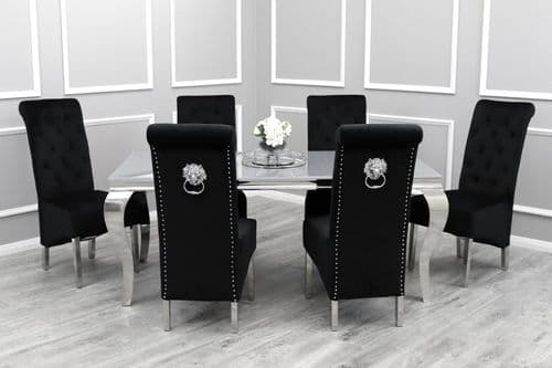 Louis Grey Glass 180cms Dining Table With Six Black Laurie Lionhead Chairs