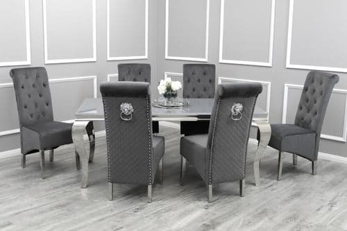 Louis Grey Glass 180cms Dining Table With Six Grey Laurie Lionhead Chairs