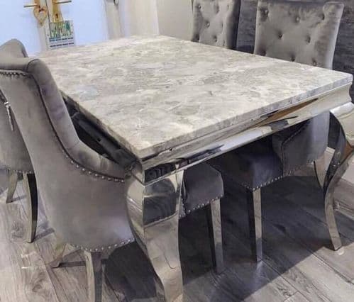 Louis Light Grey  Marble Dining Table & Dark Grey Knockerback Chairs - 150, 180 & 200cms