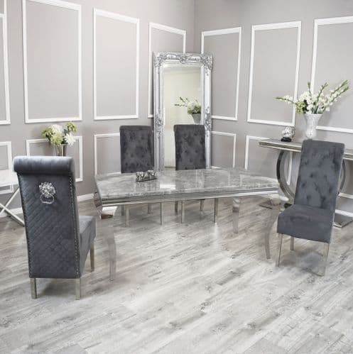 Louis Light Grey  Marble Dining Table & Grey Laurie Lion Head Chairs - 150, 180 & 200cms
