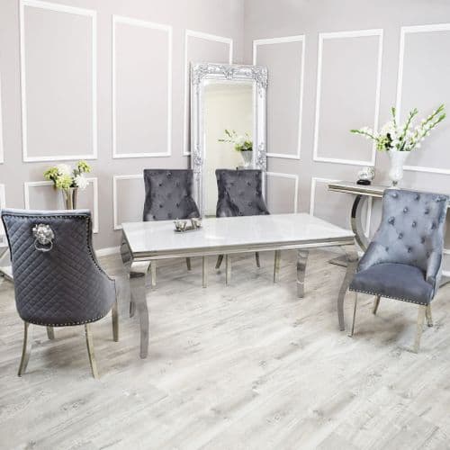 Louis White 180cms Glass Dining Table & Six Grey Lion Head Chairs