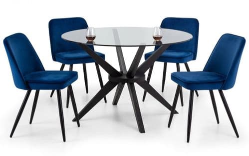 New York Round Glass Dining Table & Four Blue Velvet Chairs