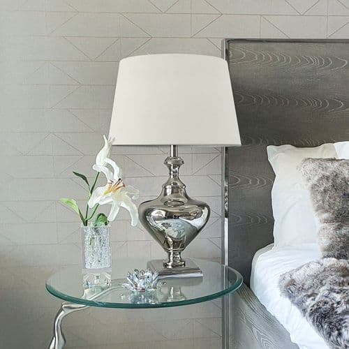 Nickel Plated Metal Table Lamp  with Light Grey Velvet Shade
