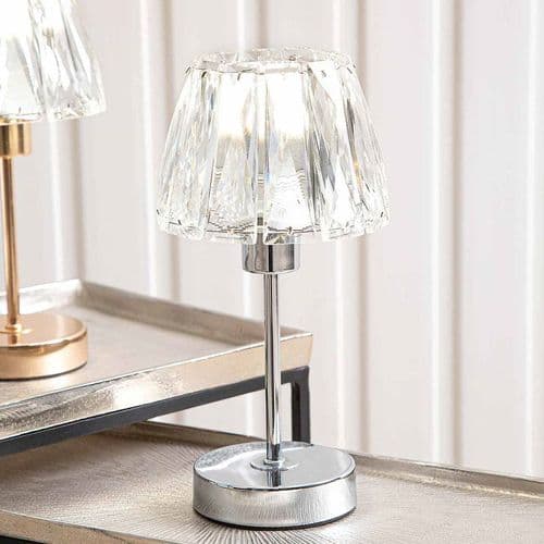 Pair Of Chrome Steel Candlestick Table Lamps With Crystal Shades