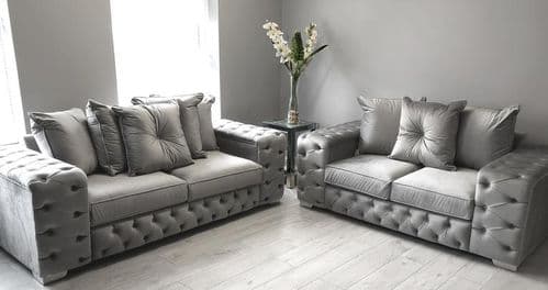 SALE Astoria Grey Buttoned Three & Two Seater Sofa Set