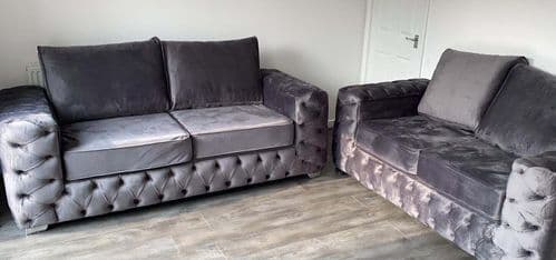 SALE Astoria Silver Buttoned Three & Two Seater Sofa Set