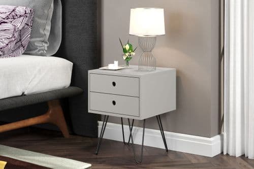 Scandi Grey Two Drawer Bedside Table With Metal Legs