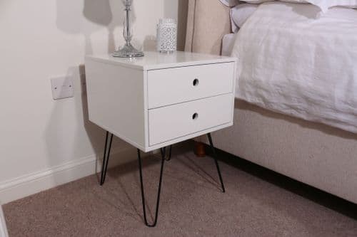 Scandi White Two Drawer Bedside Table With Metal Legs
