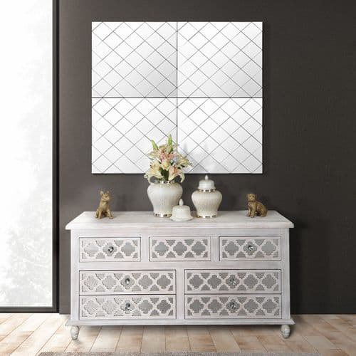 Set Of Four Mirrored Criss Cross Glass Square  50cms Wall Mirrors
