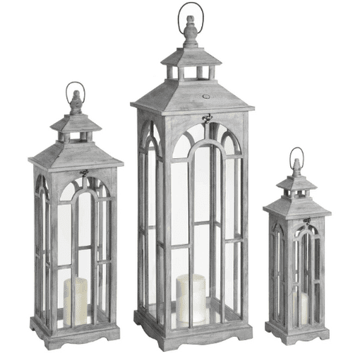 Set Of Three Grey Wooden Lanterns With Archway Design Candle Holders