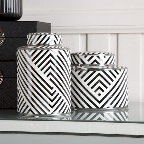 Set Of Two Black & White Round Ginger Jars With Silver Edging