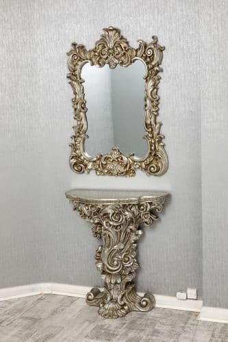 Silver French Style Ornate Console & Mirror Set